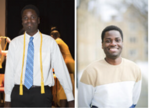 left photo of teenage boy in white shirt and blue tie, right side same boy in striped sweater outside with brick building behind him
