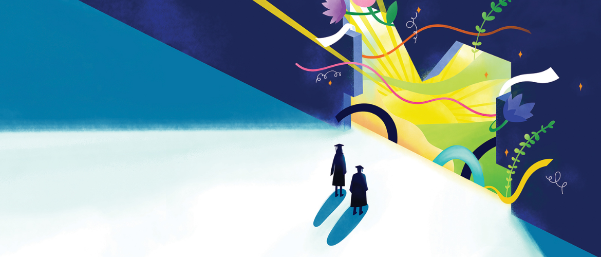 Abstract image of two graduates.