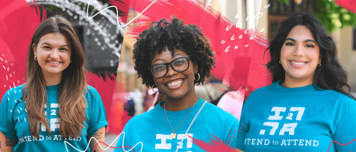 Three smiling people wearing teal t-shirts with white text that reads 