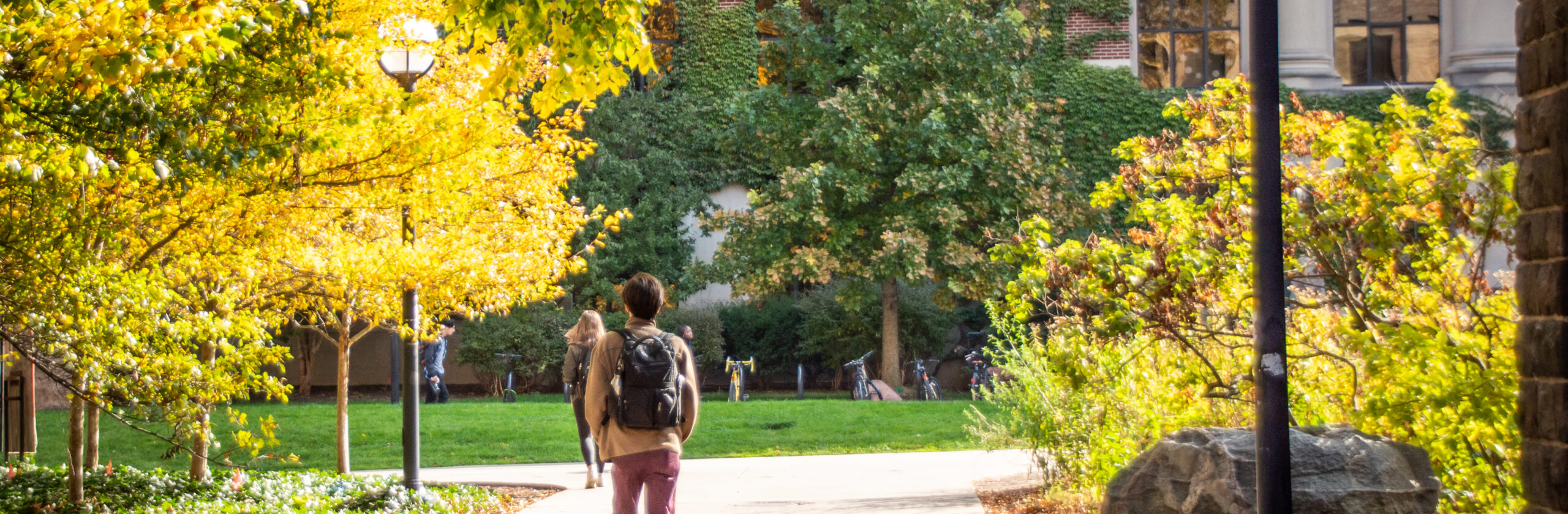 landscape outside with trees and building and figure walking in center wearing a backpack